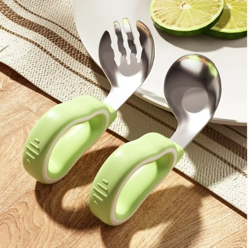 2Pcs Silicone Handle Baby Fork and Spoon Set 316 Stainless Steel with Storage Box Baby Cutlery Self Feeding Anti-Choke Design