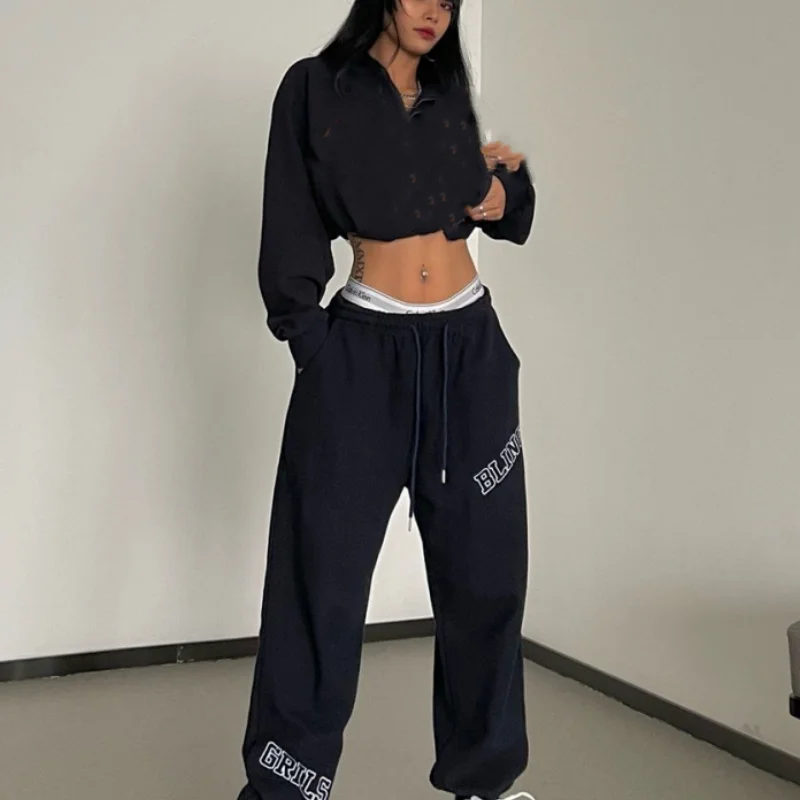 

Women's Bottoms Black Drawstring Sweatpants Casual High Waist Straight Mopping Pants Fashion Baggy Wide Leg Trouser Ladies Autum