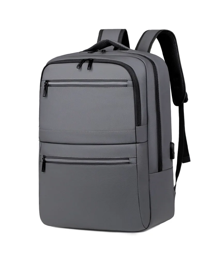 Gray business laptop backpack with double zippered pockets water resistant fabric with USB port suitable for office commute work