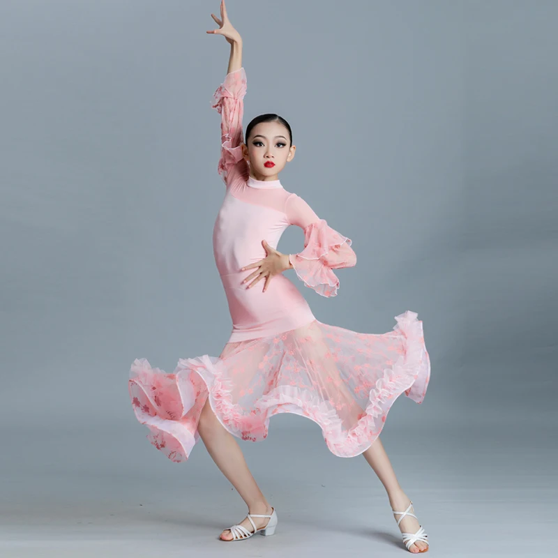 Pink Ballroom Dance Dress For Girls Tango Dancing Competition Costume Bodysuit Mesh Stitching Skirt Suit Waltz Dancewear VDB6167