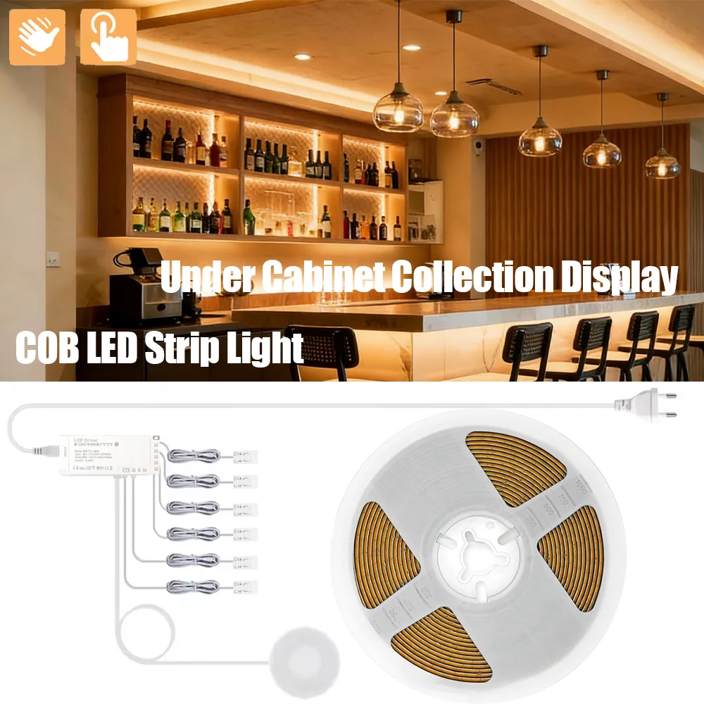 12VCOB LED Strip Light Under Cabinet Collection Display Bookcase Wardrobe Closet Lamp Tape Penetrable Wood Dimmable Touch Sensor
