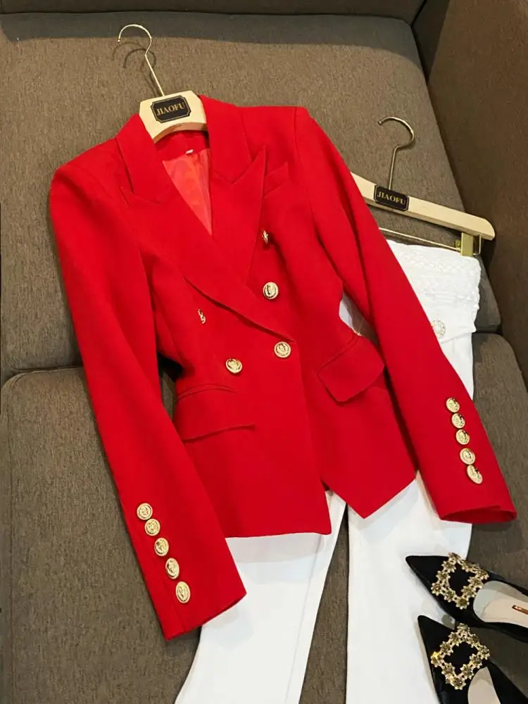 

Winter New Sle Briti Red Wedding Suit Jaet Women's Tailored Coat Commute Wind Long Sve Double Button Pure Color