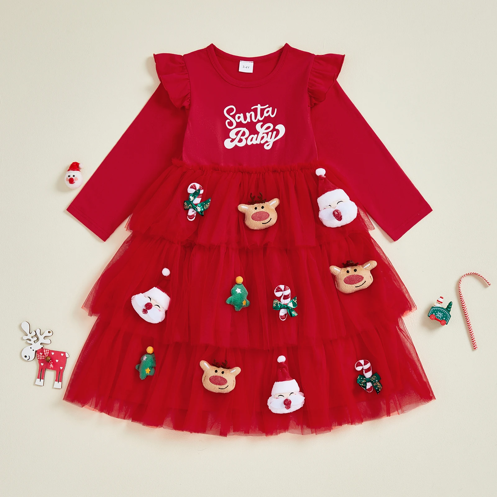 فستان كعكة عيد الميلاد للفتيات الصغيرات فستان سانتا كلوز غزال ديكور رقبة دائرية وأكمام طويلة من التول المرقعة فستان الأميرة