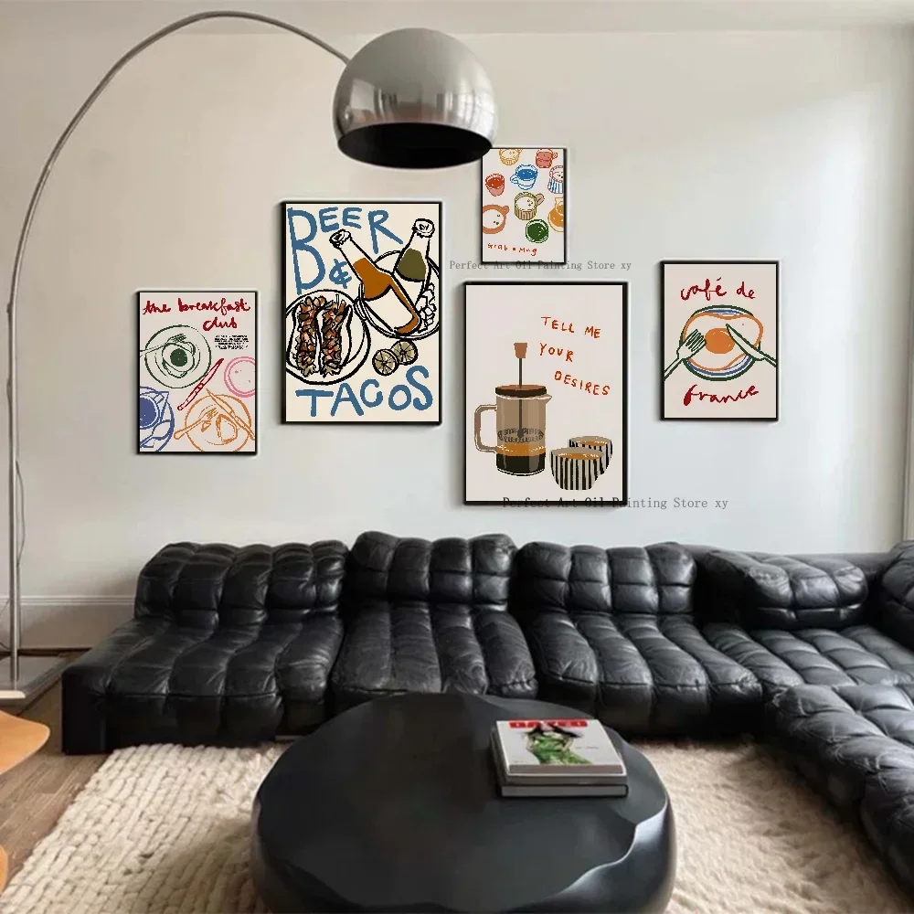 1PC Coffee Shop Afternoon Tea Croissant Colorful Retro Poster Paper Print Home Living Room Bedroom Entrance Bar Restaurant