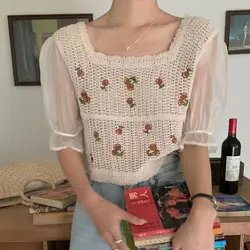 Cherry Crochet Lace Top Square Neck Puff Sleeve Sheer Hollow-out Knit Blouse Women Boho Spring Summer 2026