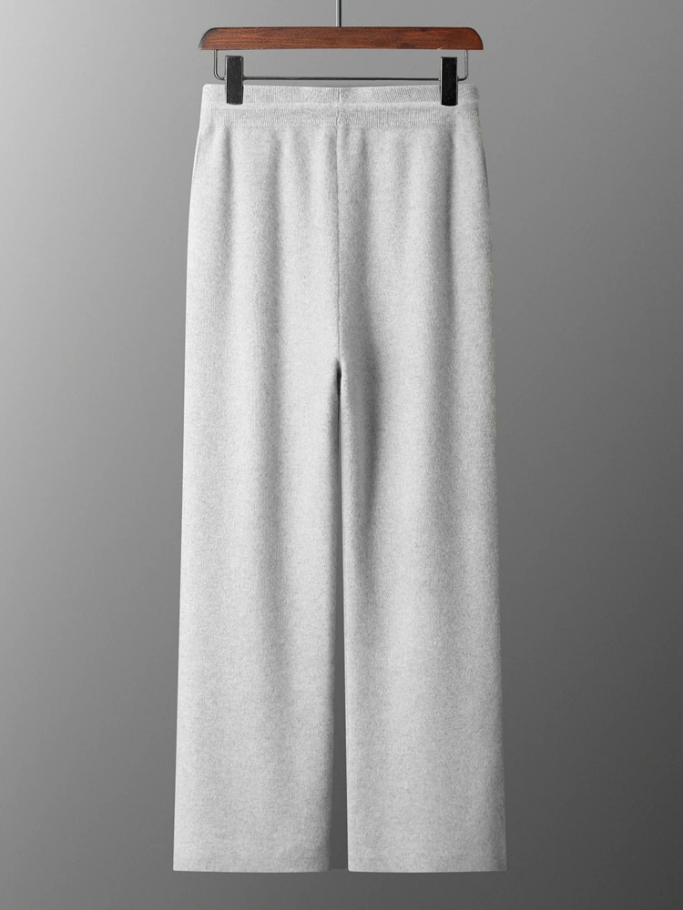 Celana Panjang Pria Mewah 100% Wol Merino Rajut Tebal Model Kaki Lebar Hangat Kasual Bisnis Warna Solid Lembut untuk Musim Gugur dan Musim Dingin