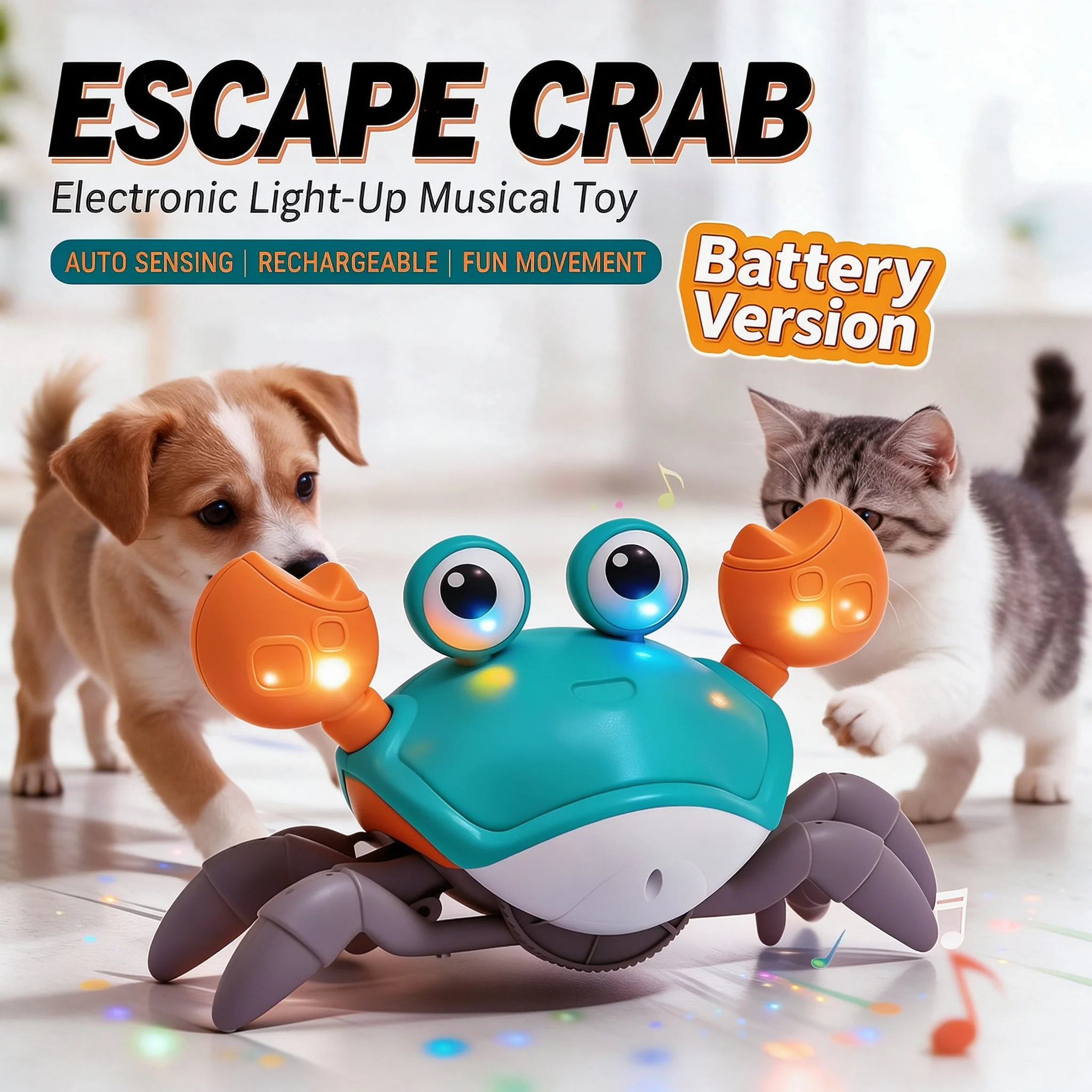 2026 New Pets Electronic Interactive Crawling Crab with Light Music Electric Induction Escape Toys for Dogs Cats Battery Version