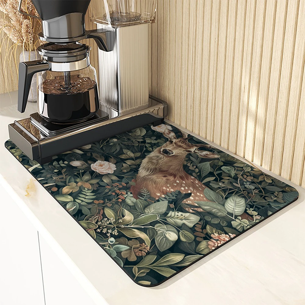 Diatom Mud Kitchen Drain Pads Deer Fox Absorbent Bowls  Dish Tableware Draining Mat Placemats for Table Coffee Machine Mat