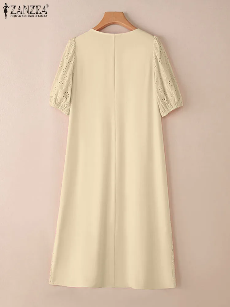 Zanzea moda verão a linha vestido solto feminino elegante puff manga festa de férias vestidos rendas crochê vestido bordado vestido de verão