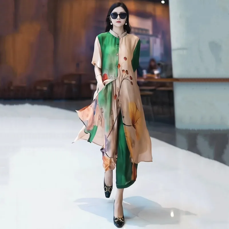 

High Quality Silk Retro Two Piece Outfits Women Fashion Printed Fragrant Cloud Yarn Printed Cardigan Loose Wide Leg Pants Set