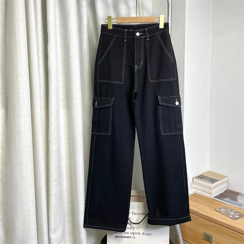 Retro Street Sle American High Waist Loose Fit Straight Leg Bla Waed Denim Jeans with Multiple kets for Women
