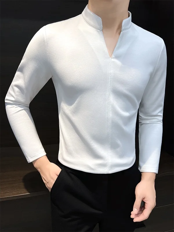 

New 2025 Men's irt Small V-Ne Long Sve Stand Collar Haome Sle Chinese New High-End Feeling T-irt