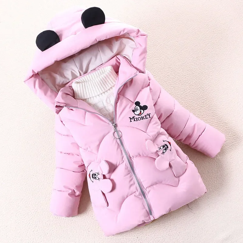 Mickey Mouse Minnie Winter Jackets Coat Baby Girl Hooded Warm Cotton-Padded Jacket Toddler Kid Clothes Thicken Cartoon Outerwear