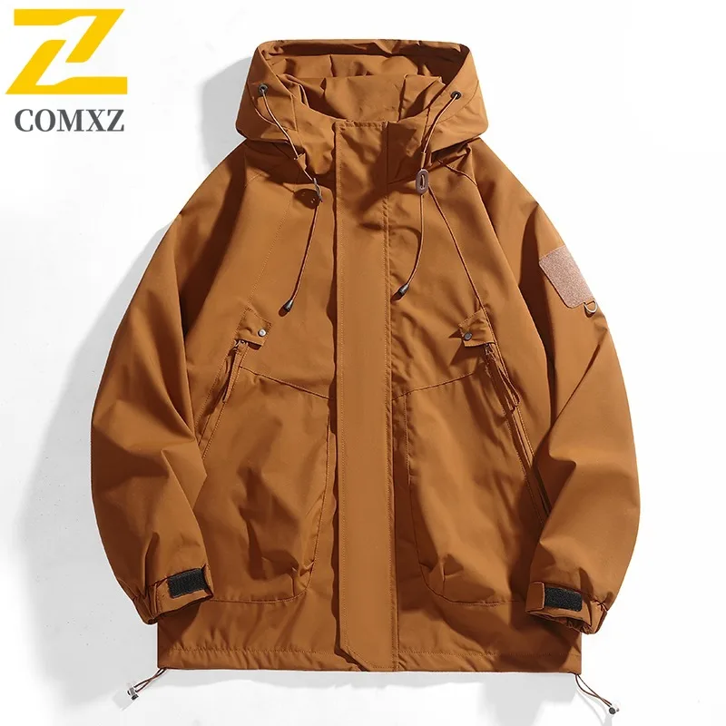 

COMXZ Men Hooded Jacket Leisure Outdoor Waterproof Adventure Climbing Fly Fishing Solid Color Coat Gorpcore Windbreaker Jackets