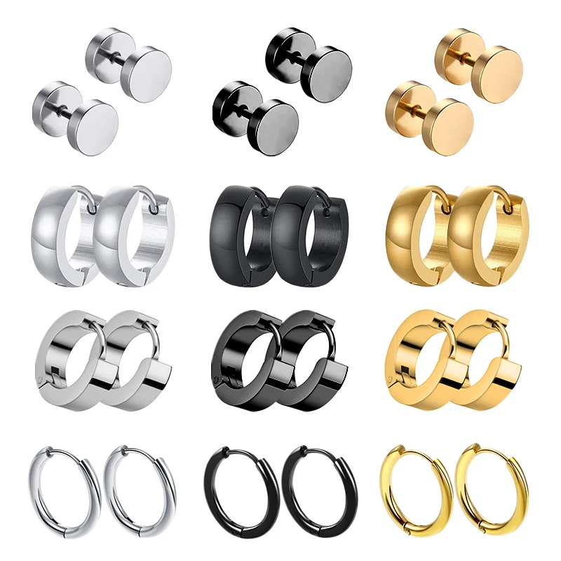 1 Pairs Multi Types Unisex Black Gold Color Stainless Steel Earring For Women Men Punk Gothic Piercing Fake Earrings Jewelry