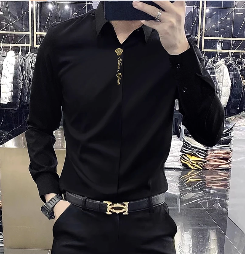 

High end stretch non ironing shirt men's long sleeved new autumn European station slim fit business casual hot stamping shirt