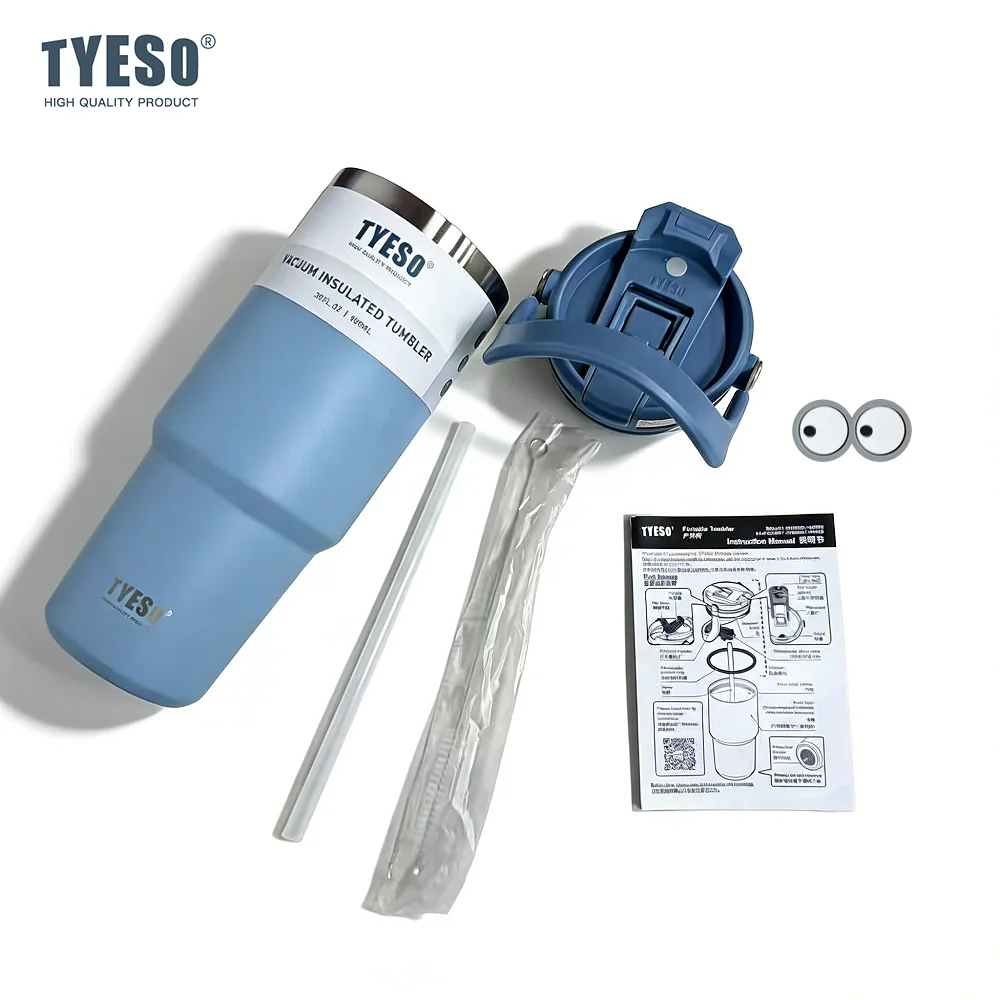 Tyeso Blue Mlti-Capacity Thermoses Handle Vacuum Cup Dual-Drink Coffee Mug Stainless Steel Ice Cup Car Bottle Hot Cold Retention