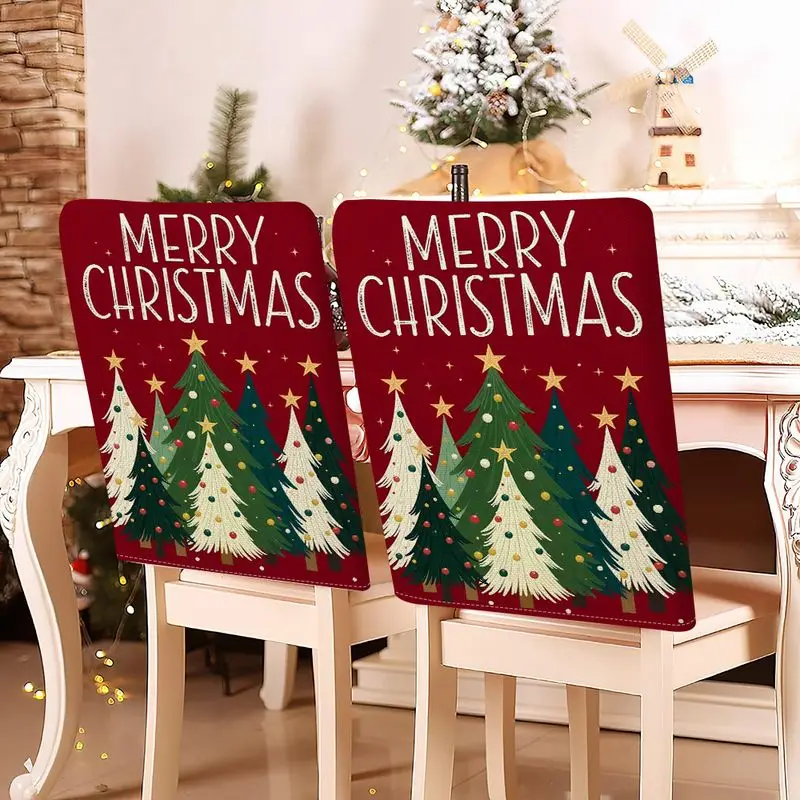 VIKAMA Christmas Tree Printed Dining Chair Back Cover Red Background Removable Chair Slipcover Xmas Home Party Decor