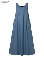 Été automne salopette Robe ZANZEA musulman Maxi Robe d'été Robe Femme Vintage bretelles solide a-ligne Denim bleu robes caftan 2025 4