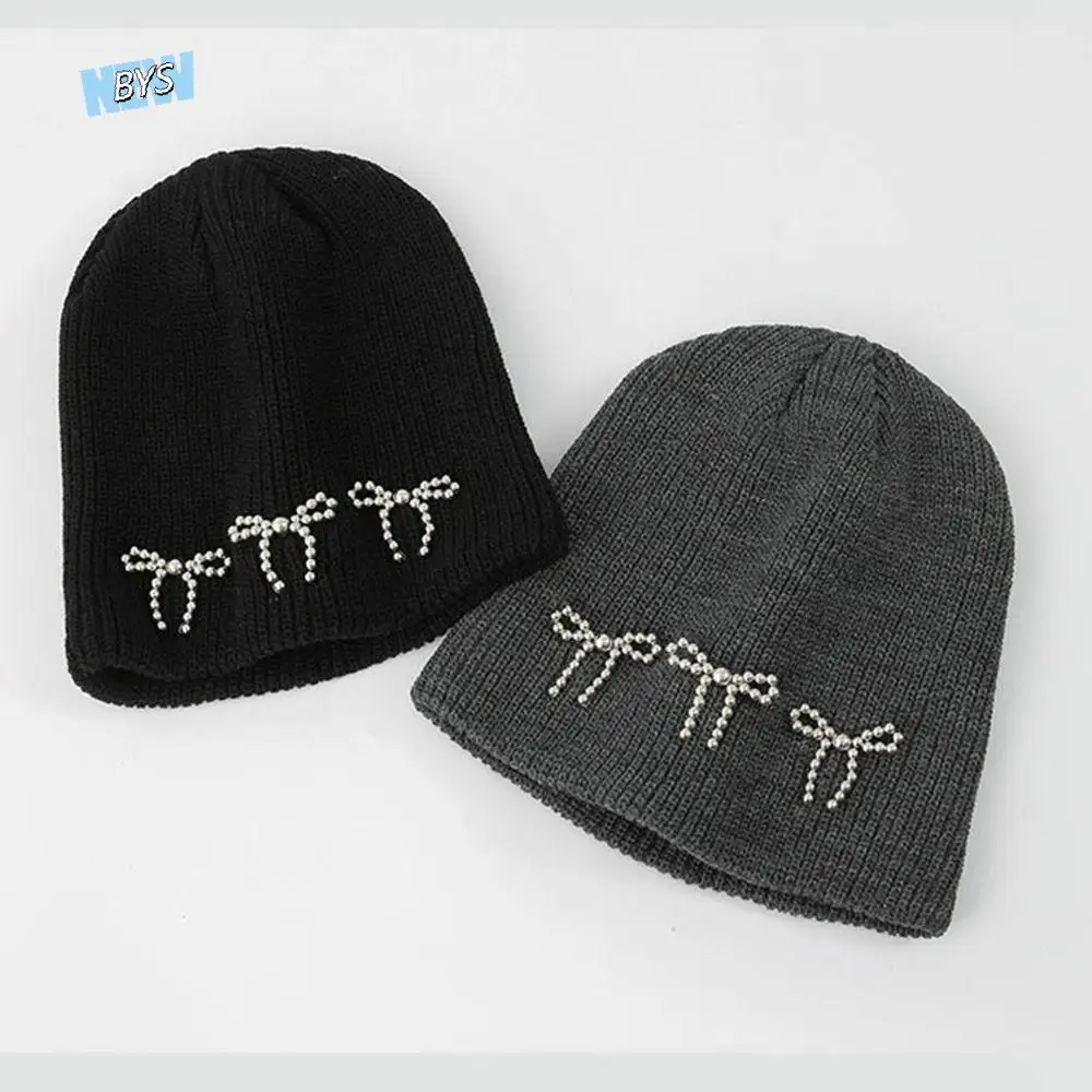 

Sweet Bowknot Pearl Bow Beanies Wool Hat Warm Cap Knitted Hat Jennie Style Solid Color Knit Cap Warm