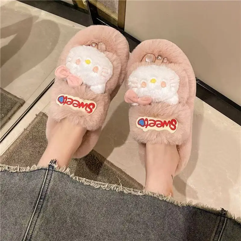 2025 new spring winter real pictures plus size Cute hello kitty Cartoon Home Outdoor Wear warm New women slipper girls shoes