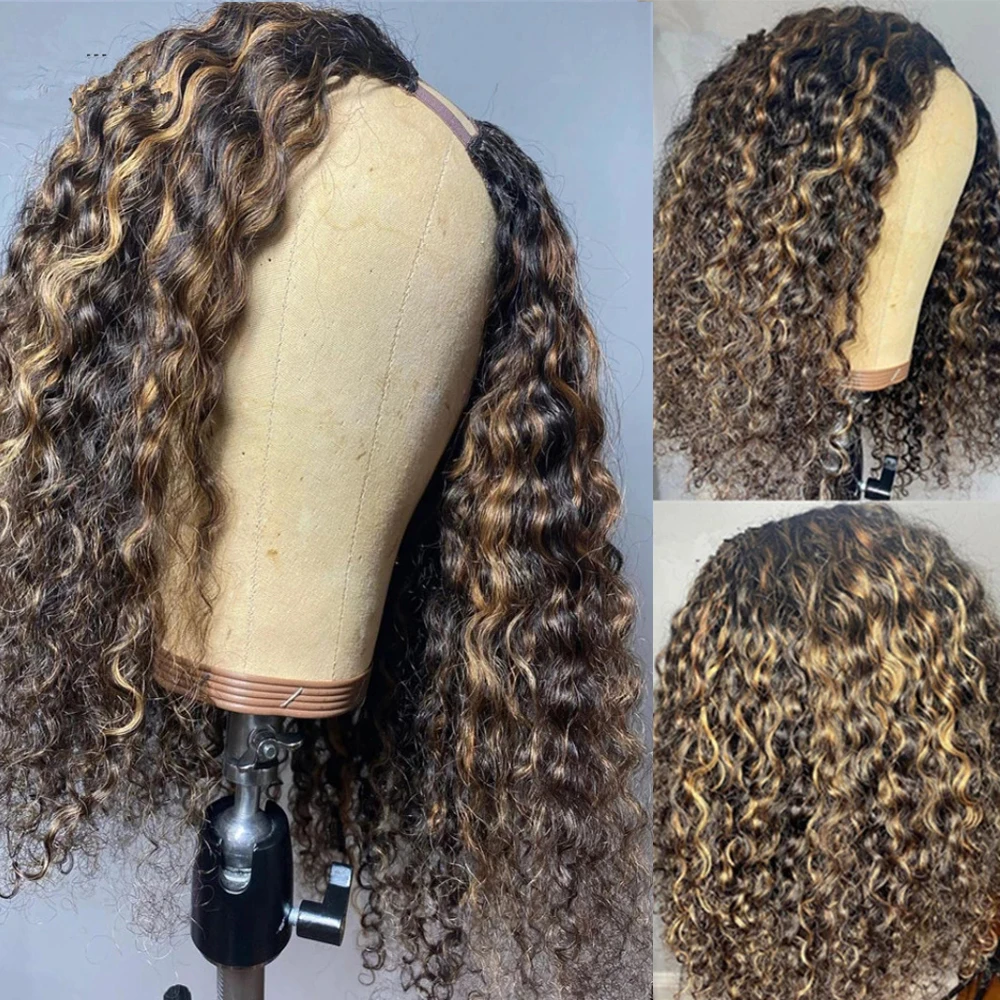 

Glueless Highlight Blonde V Part Wig Human Hair Virgin Unprocessed 250Density Deep Curly U Part Wigs 100% Human Hair Full End