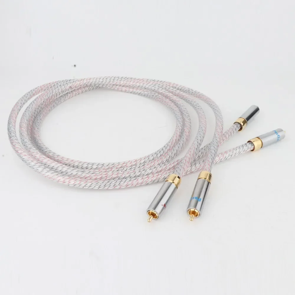 زوج واحد من كابل ربط الصوت RCA المطلي بالفضة 7N عالي الجودة مع موصل قابس RCA مطلي بالذهب