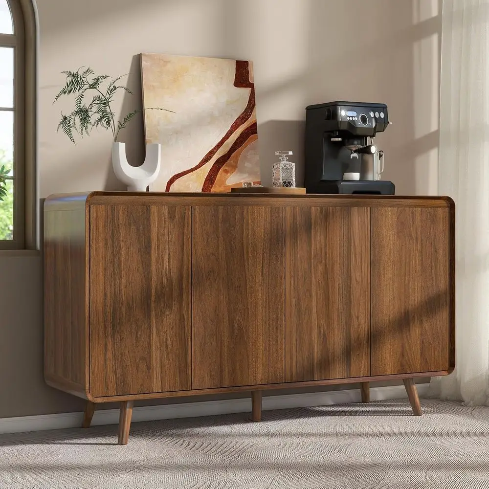 

55 Walnut Century Modern Buffet Cabinet with Storage and Coffee Bar for Living, Dining, Kitchen, and Hallway