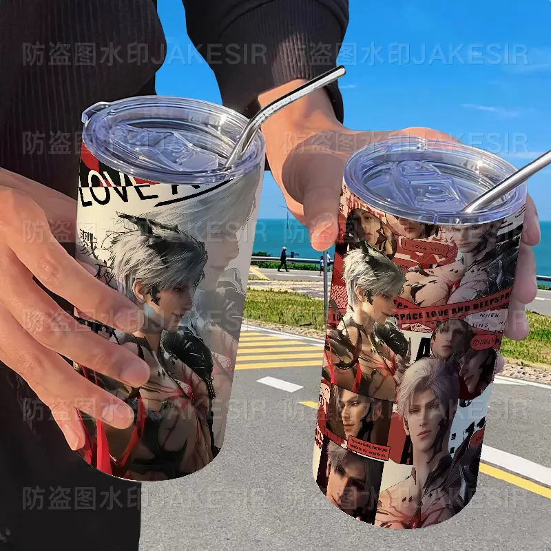 

Love and Deepspace Sylus Fall Thermos Mug With Straw Personality Casual Coffee Mug Portable Stainless Steel Holiday Gift Kawaii