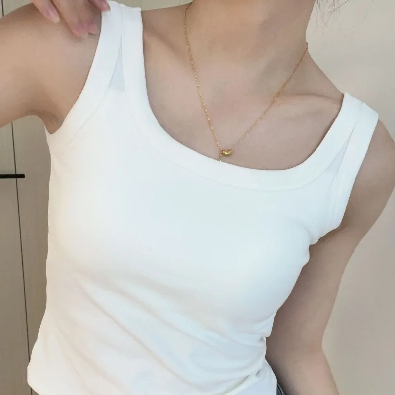 Summer Pure Cotton Vest with Built-in Chest Pad and Fixed Cup Simple Mid-length Suspender Top for Women Tops De Mujer
