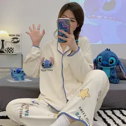 Disney Stitch Women Spring Autumn New Pajamas Sweet Y2k Girl Fashion Long Sleeve Sleepwear Korean Style Casual Home Clothes Set