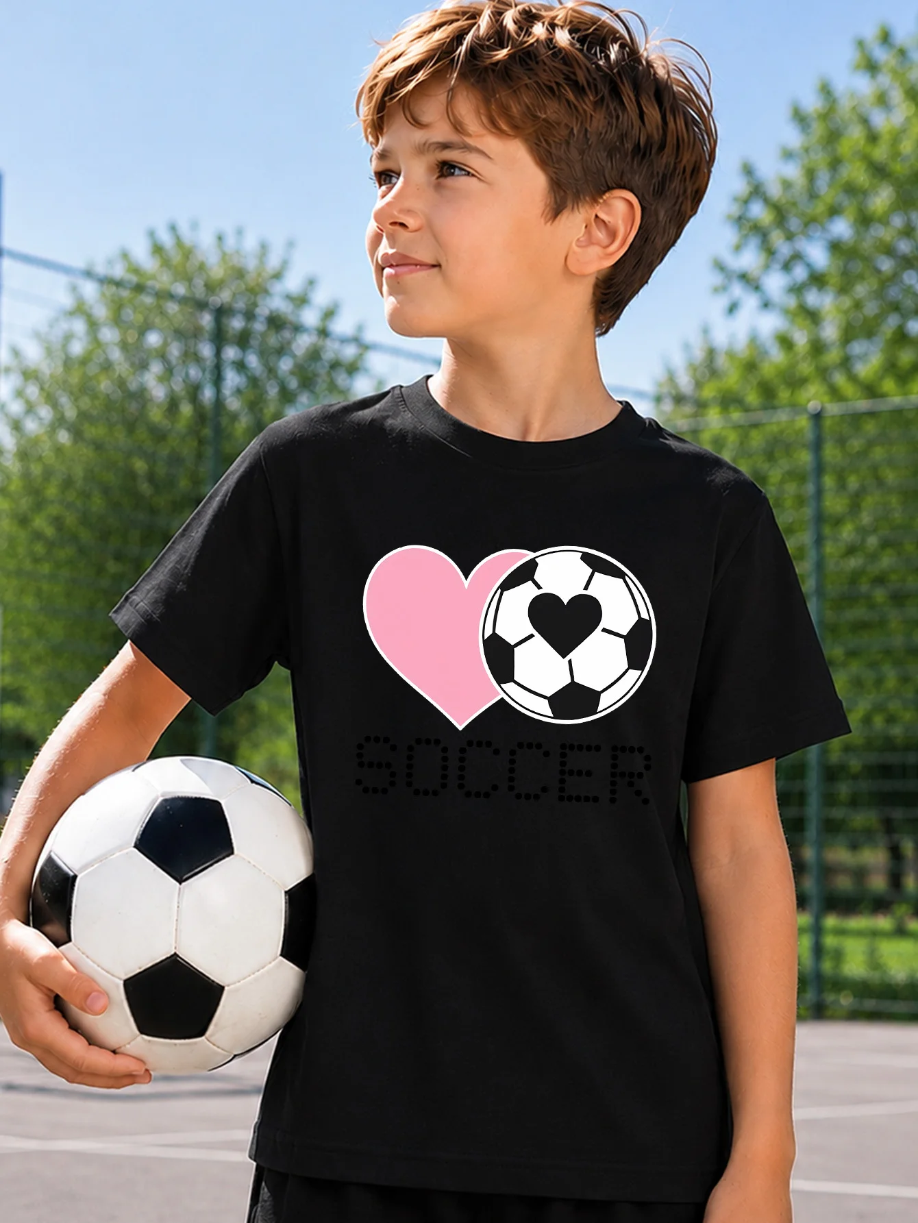 Love Heart Soccer Ball Sport Graphic Print Boys Girls Family Matching Cotton Short Sleeve Crew Neck Soft Summer Kids Casual Tees