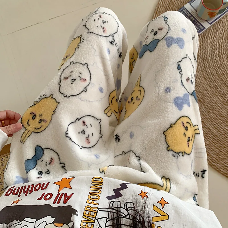 Плюшевые спальные штаны с рисунком Chiikawa для женщин, зимние фланелевые брюки Hachiware в стиле аниме, модные студенческие теплые домашние пижамные штаны