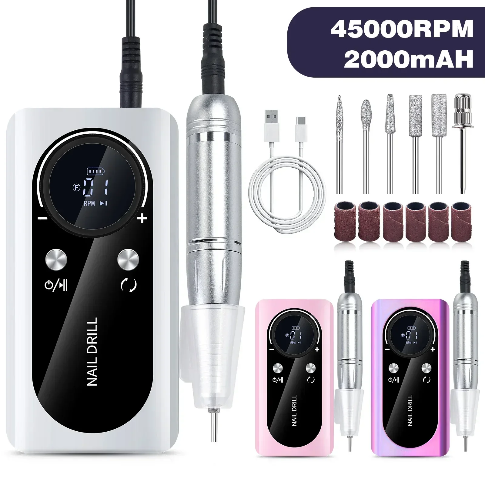 45000RPM Rechargeable Electric Nail Drill Machine Professional Nail Drills for Gel Nails Polish Portable Nail File Manicure Tool