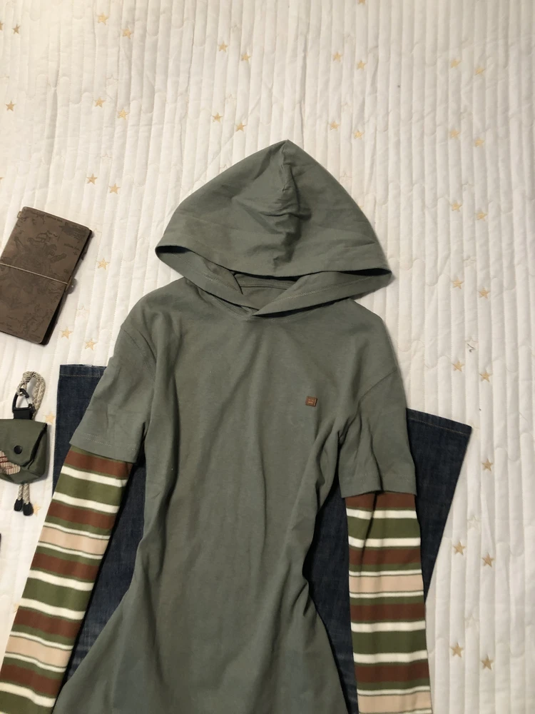 

Повседневная полосатая длинная футболка Све, искусственный двухсекционный лоскутный винтажный универсальный женский топ из смеси хлопка, удобный крой