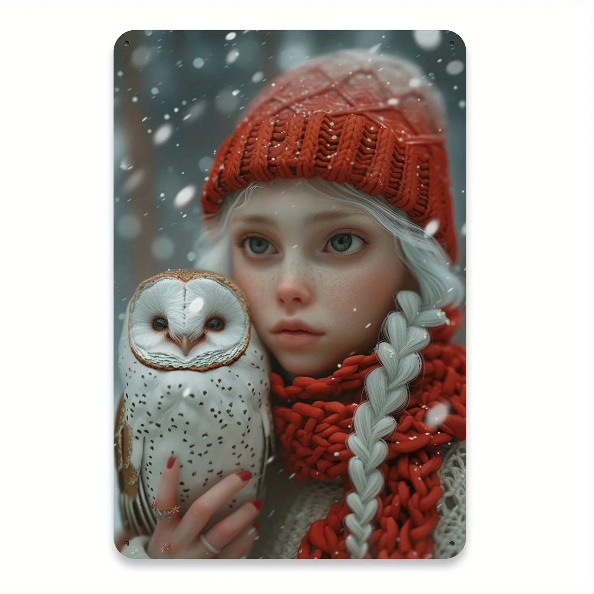 A Vintage Iron Wall Art Decoration Featuring a Winter Forest Girl And an Owl, Measuring 20.32X30.48 cm, Suitable for Home Living