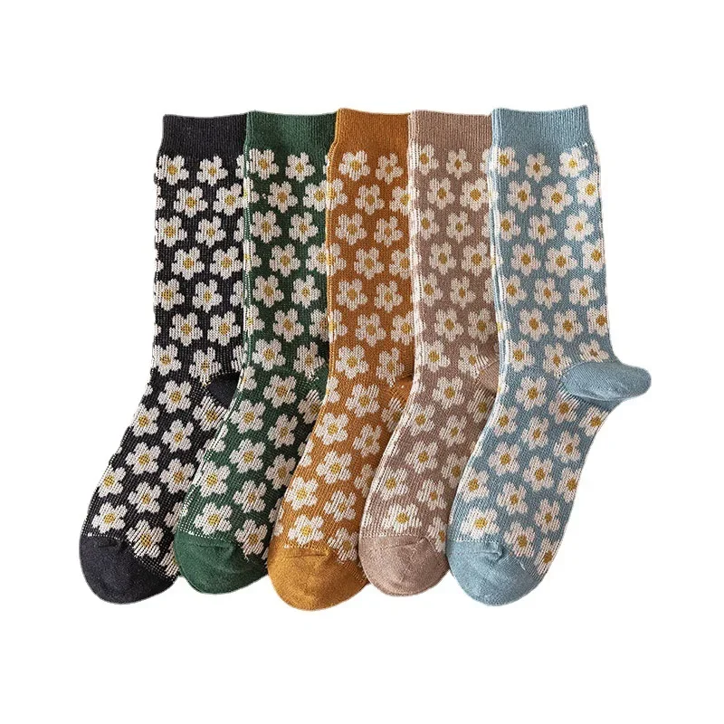 1Pair Women Socks Crew Women Spring Fashion Retro Cute Socks Flower Cotton Korean Style Breathable Casual Trendy Socks