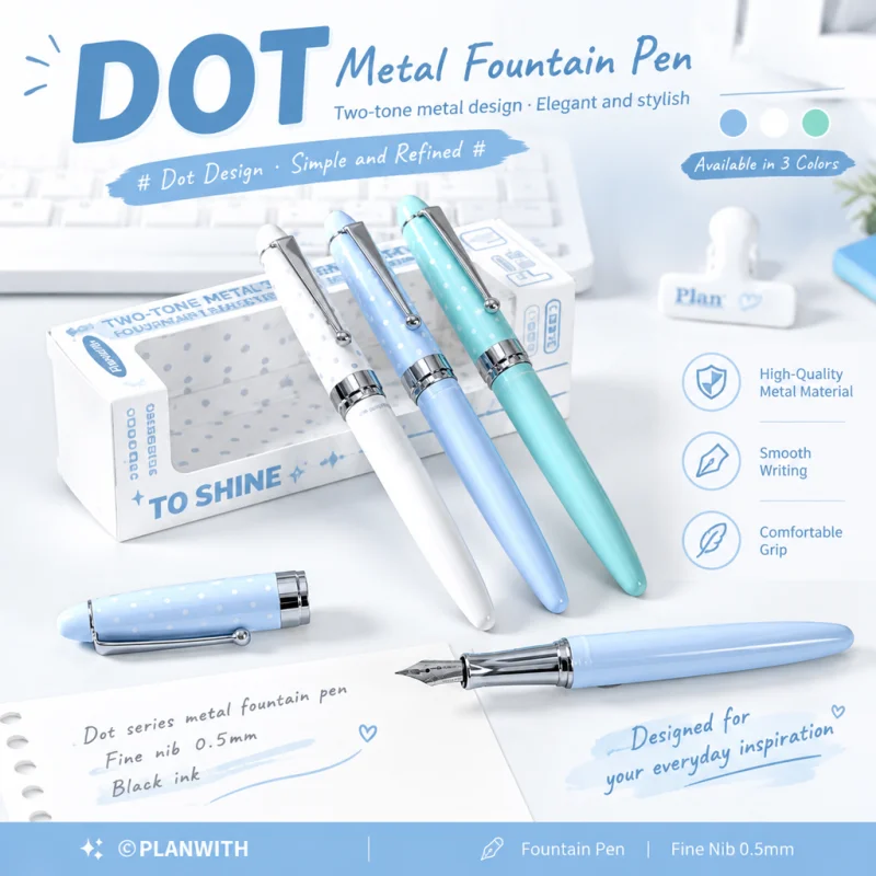 Planwith Polka Dot Metal Fountain Pen F Nib 0.5Mm Replaceable Ink Cartridge Smooth Writing For Office Calligraphy