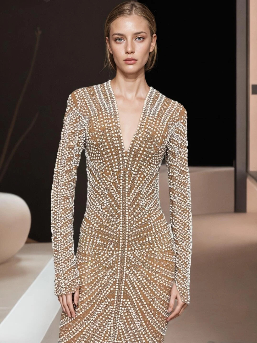 

Haute Couture Mesh Rhinestone Pearl Long Sleeve Dress Nightclub Party Stage Crystal Embellished Dresses Body Transparente Flecos
