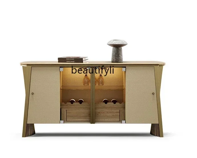 Italian Light Luxury Solid Wood Sideboard Villa Home Designer Model Ash Wood Glass Locker