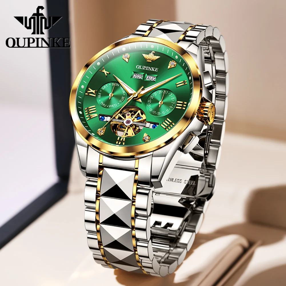 OUPINKE Flywheel Hollow Men Watch Luxury Automatic Mechanical Watch Waterproof Diamond Tungsten Steel Large Dial Men Watch 3240