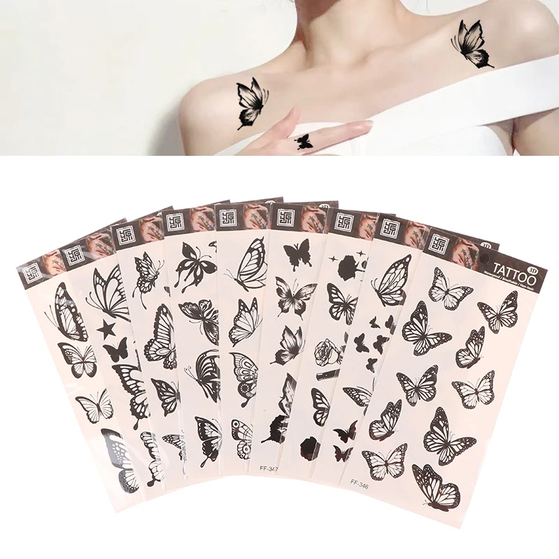 1 Sheet Black Flower Butterfly Temporary Tattoos For Women Men Wild Plant Fake Tattoo Sticker Adults Face Hands Body Art Tattoo