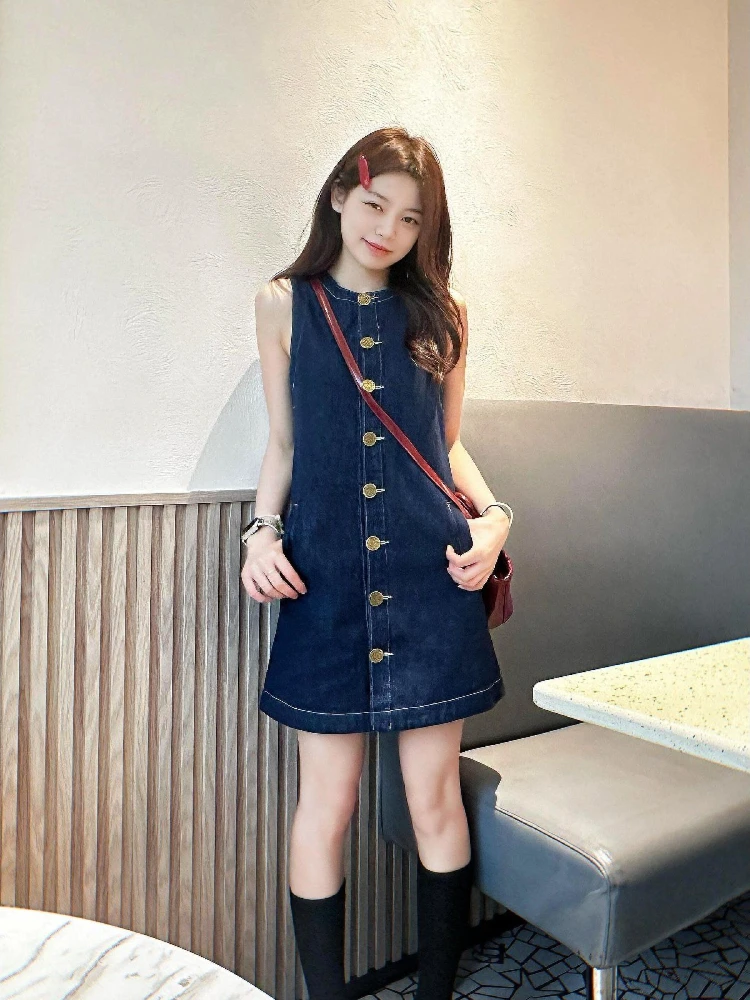 2026 Summer New Korean Style Denim Pinafore Dress Sleeveless Single Breasted Mini Skirt With Vintage Vibes