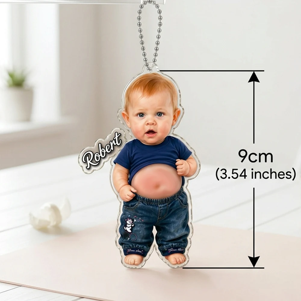 Custom Photo & Name Baby Squishy Belly Acrylic Keychain,Cute Baby Portrait Personalized Pendant,Stress Relief Keepsake Ornament
