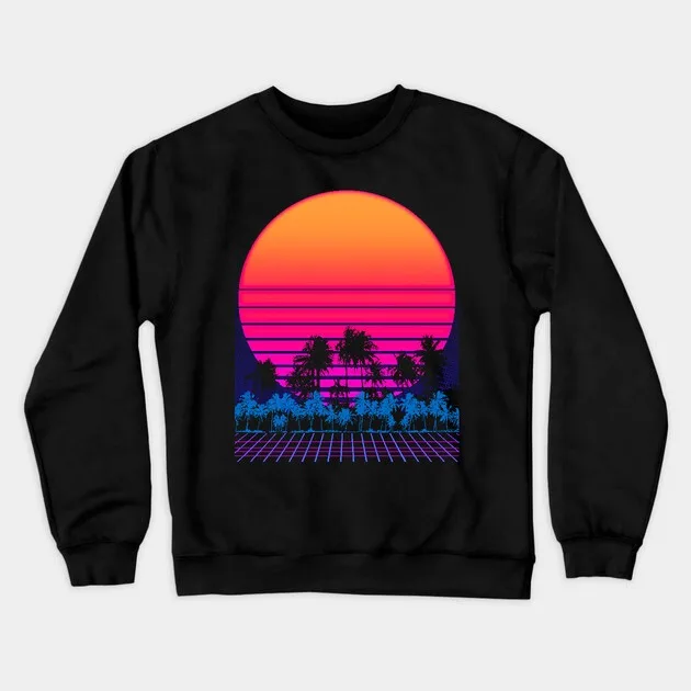 

Autumn and Winter Style Cyber Sunset Sweatshirt, "Neon - Hued Sunset with Palms" Graphic for A Trendy Look