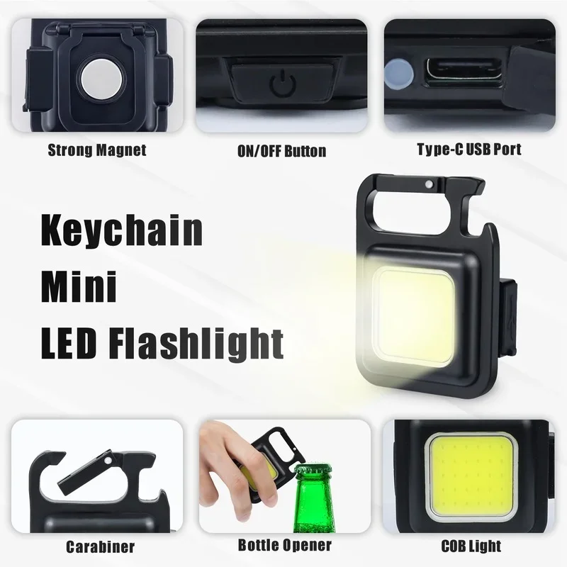 Mini Square LED Keychain Light MultiFunction Pocket Work Light Portable USB Rechargeable Torch with Corkscrew Camping Fishing