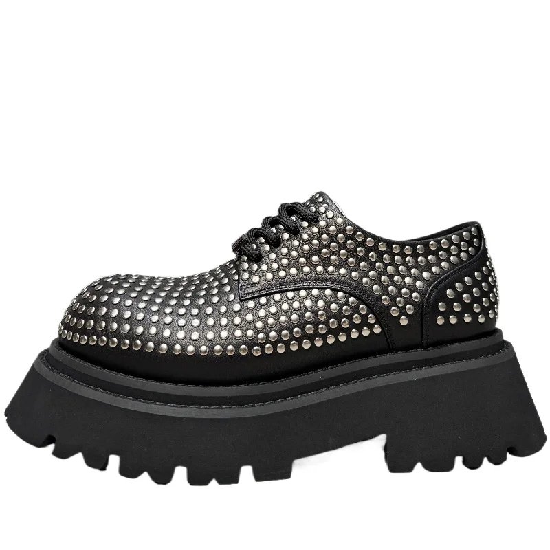 Europe/America Street Style Show Rivet Casual Derby Shoes for Men's Dress Shoes Genuine Leather Thick Sole Height Increased Shoe