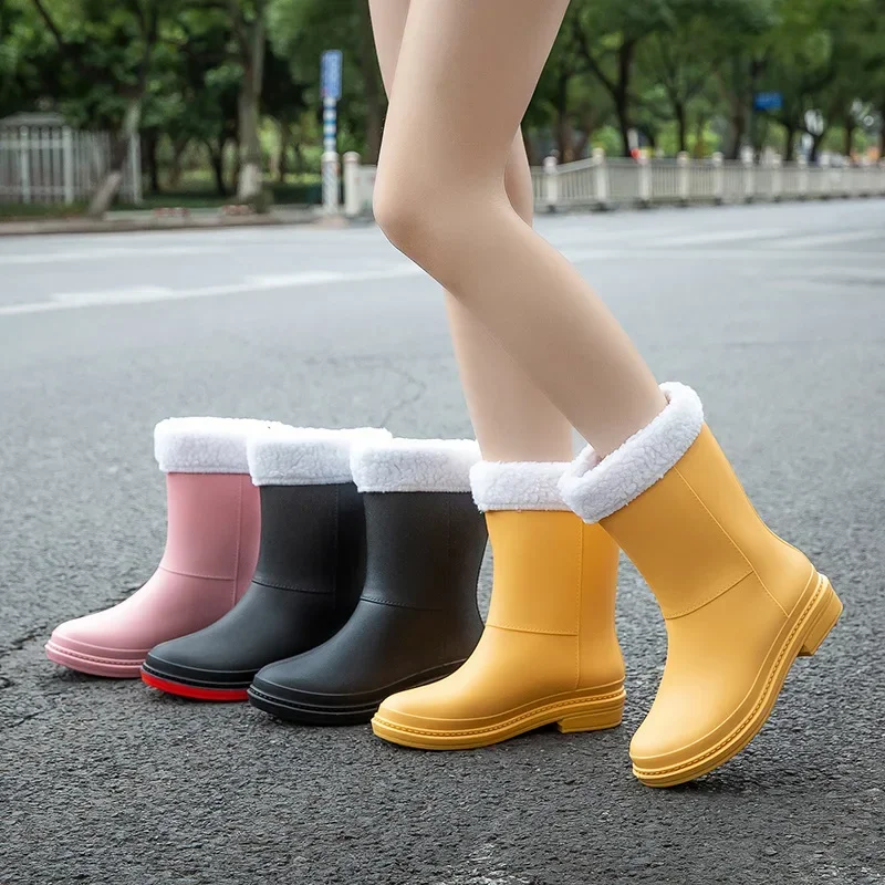 Rubber Shoes for Women Fashion Mid Calf Boots Comfort Waterproof Rain Galoshes Woman Work Garden Gum Boots Offers