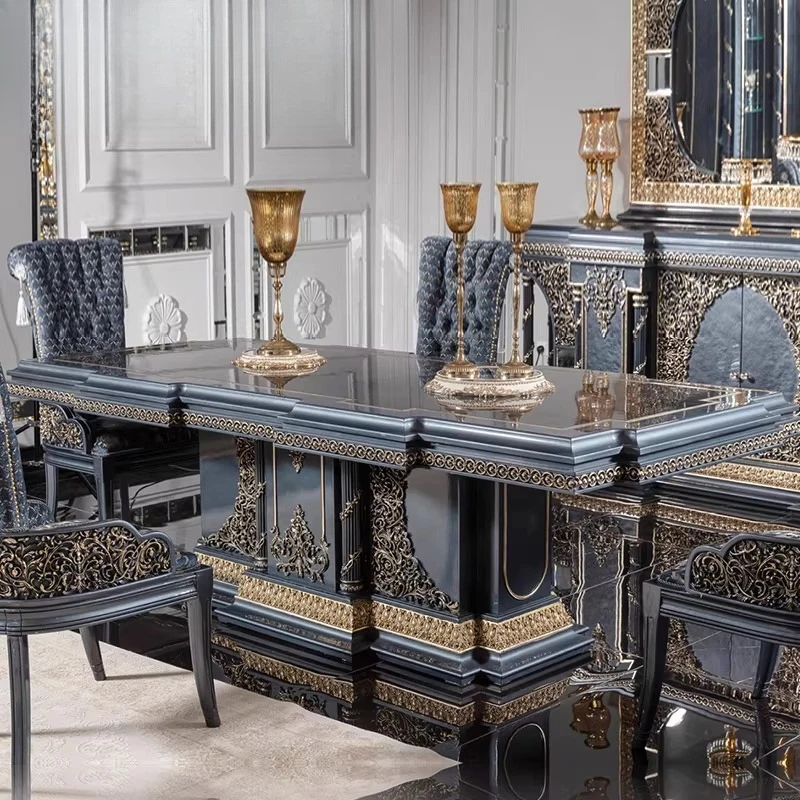 

French palace villa custom dining table Italian luxury solid wood carving flower dining table chairs eating table