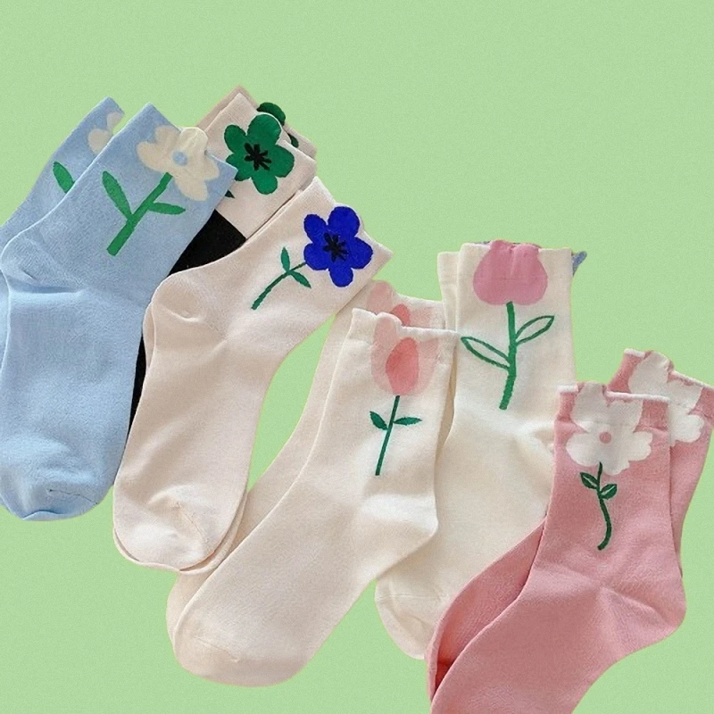 

6/12 Pairs 2024 New Summer Thin Middle Tube Tulip White Small Flower Socks Women's Middle Tube Socks Girls Long Socks